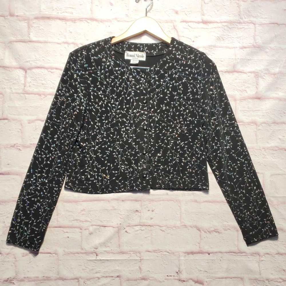VTG Ronni Nicole 90s Y2K Glitter Crop Cardigan Womens 8 Party Glam Sparkle Top